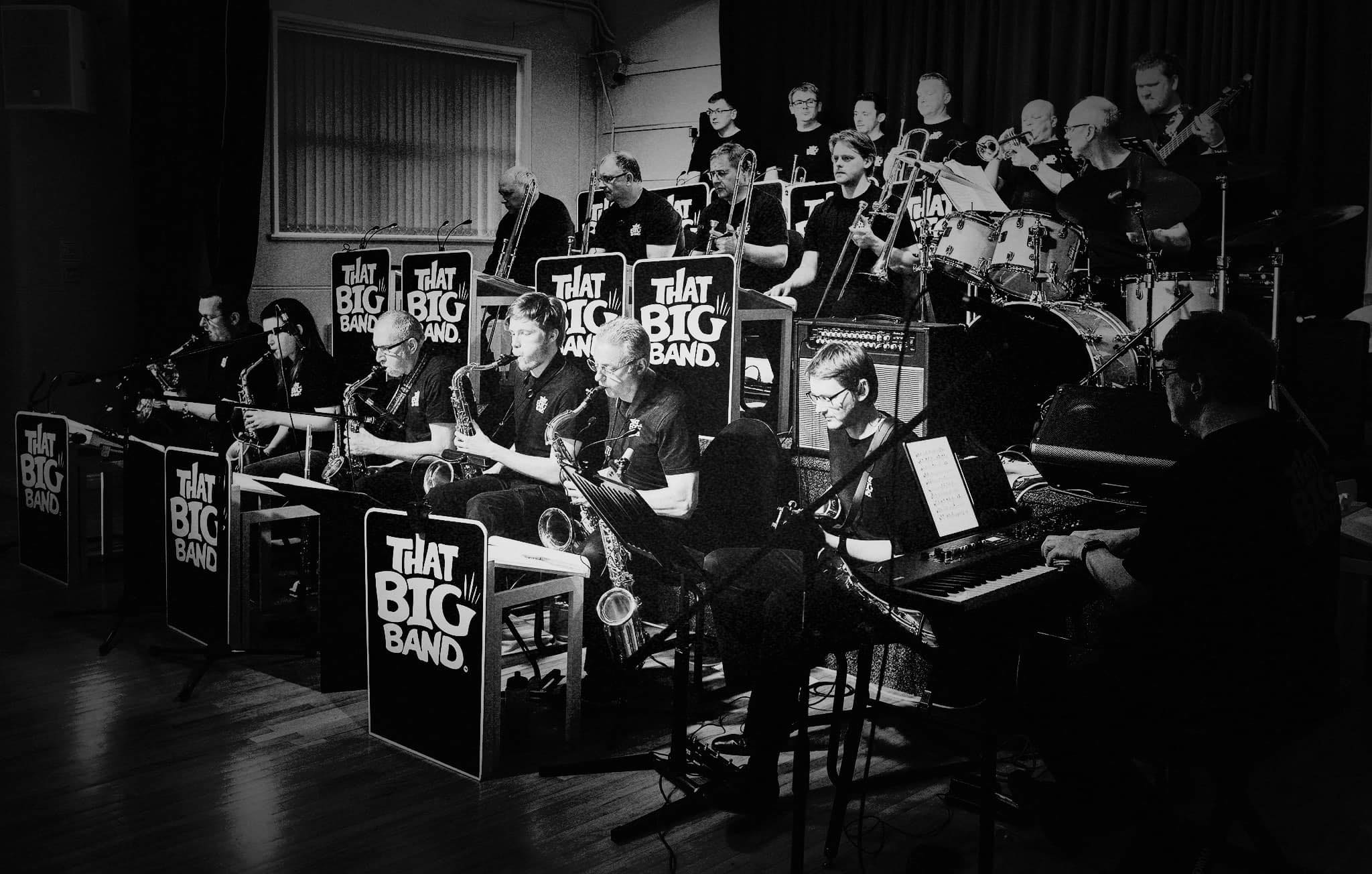 Black and White photo of That Big Band set-up and ready to perform